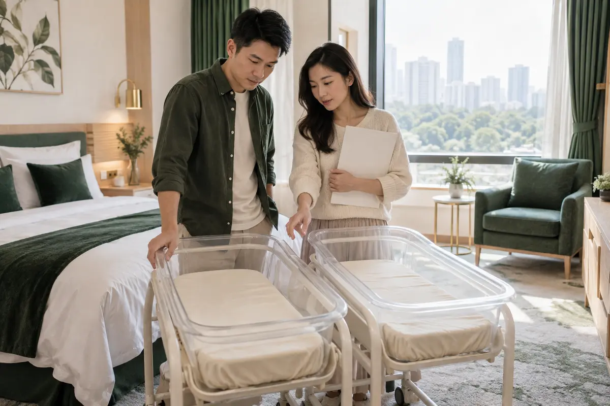 深圳月子中心双胞胎套餐主题示意图,家属在客房查看两张婴儿床与照护用品