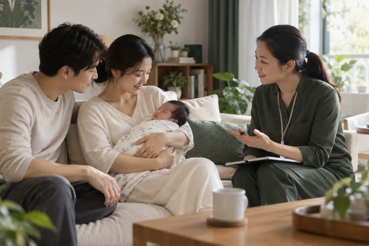 深圳月子中心新生儿访视主题示意图,妈妈抱着宝宝与健康访视人员交流